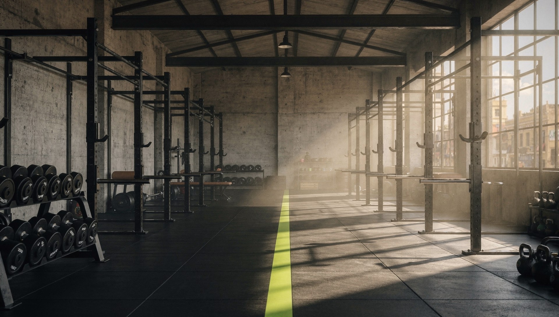 Industrial training floor with strength equipment and generous daylight